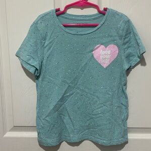 Old Navy Aqua Speckled Tee with Pink Heart Design